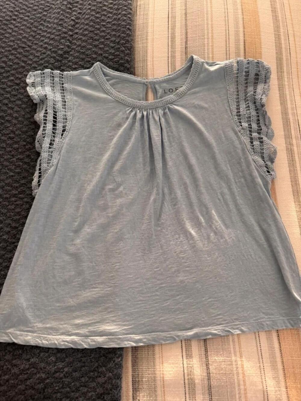 LOFT Light Blue Lace Sleeve Top, Size Large Good Condition